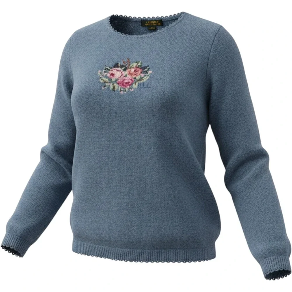 Lauren Ralph Lauren Blue 100% Lambswool Floral Intarsia Scallop Trim Sweater 1X